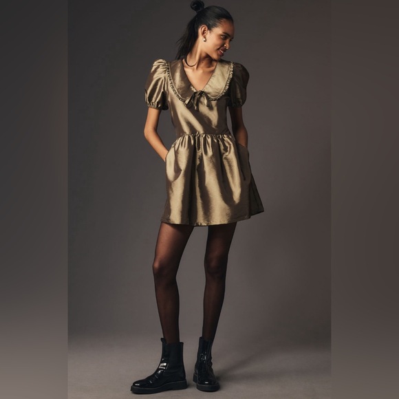 Anthro Porridge Short-Sleeve Collared Taffetta Mini Dress Slate Green Large New - Picture 7 of 7